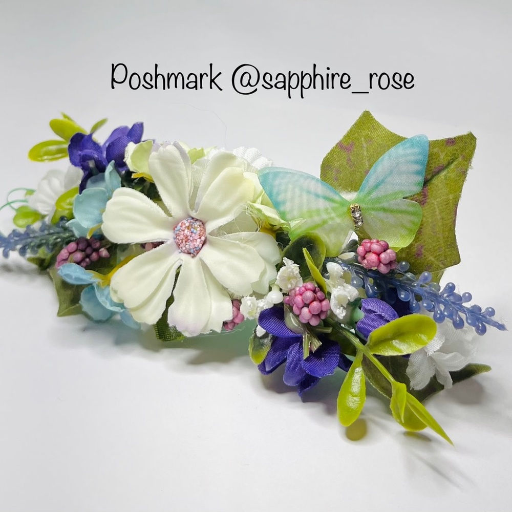 Little Girls Flower & Blue Green Butterfly Headband Tiny Curling Vines & Flowers